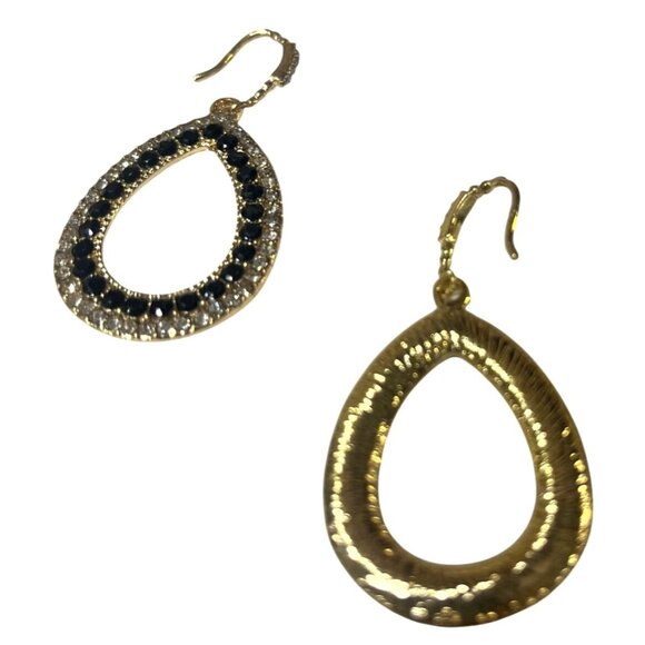 Gold-Toned Teardrop Earrings With Black & Clear Gemstone Accents - Picture 7 of 7